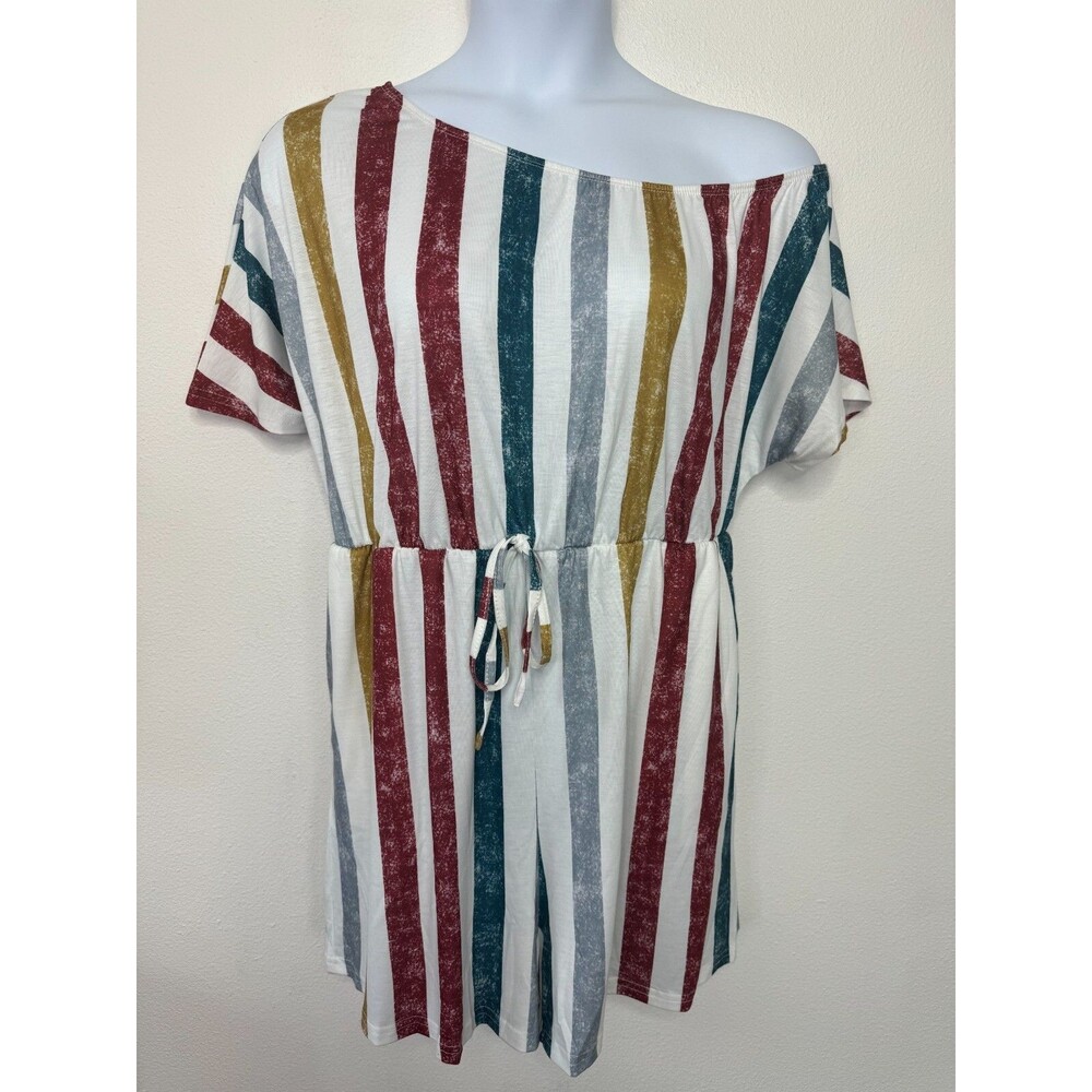 Bloomchic Size 14 -16 Rainbow Striped Romper One Shoulder Drawstring Waist NWT